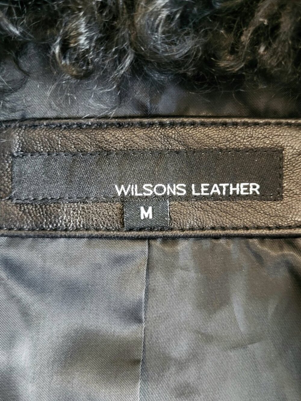 WILSON'S~M~BLACK GENUINE LEATHER REAL MONGOLIAN CURLY LAMB FUR MOTO JACKET COAT - Picture 16 of 16